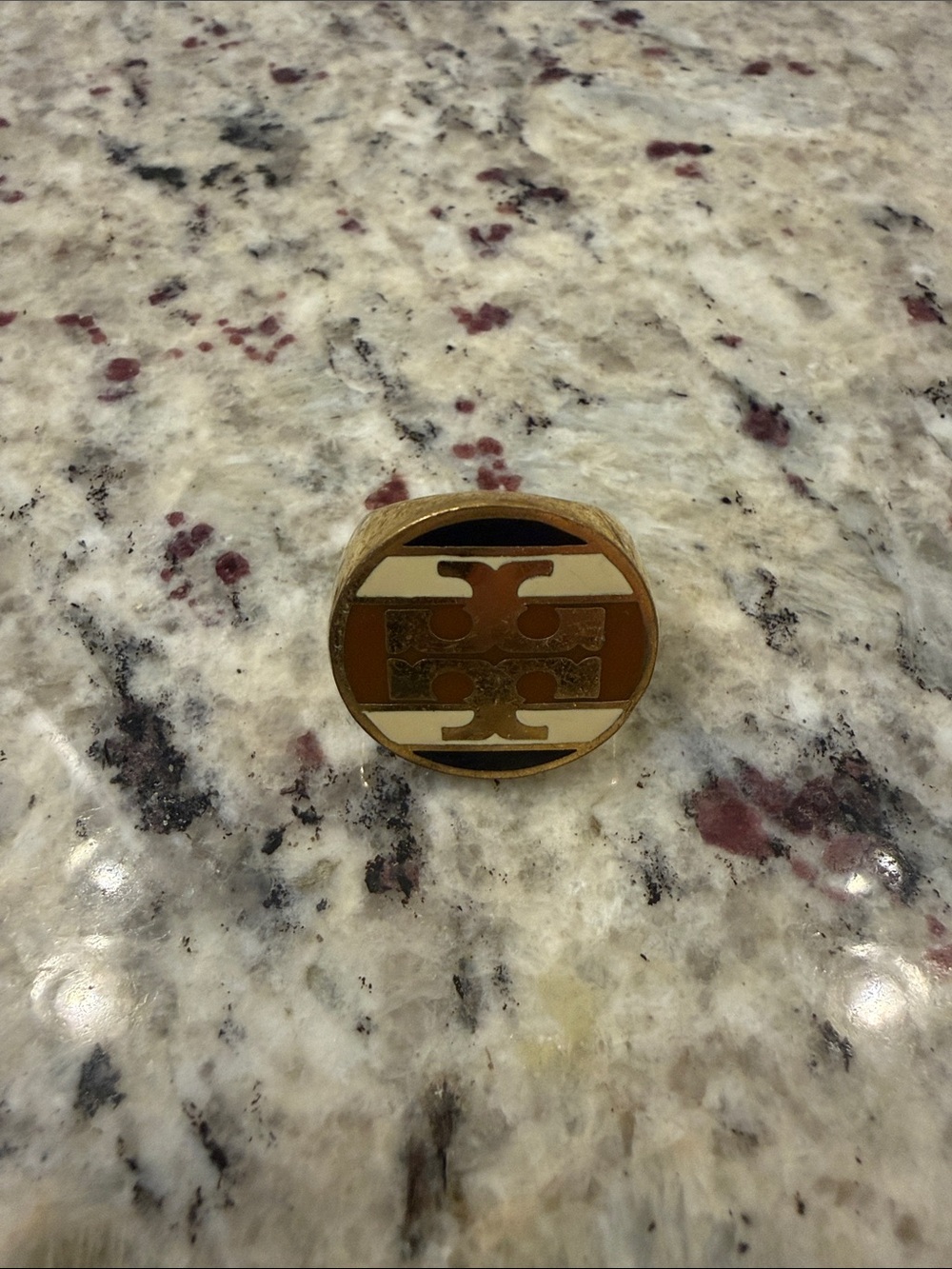 Tory Burch Gold and Brown Round Logo Ring - Designer Style